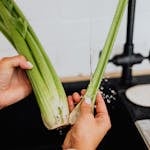 Close-up of a woman washing fresh celery in a kitchen sink, promoting healthy eating.